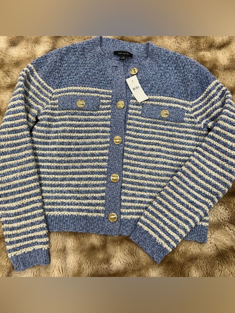 Ann Taylor Light Blue Textured Knit Cardigan with Gold Buttons